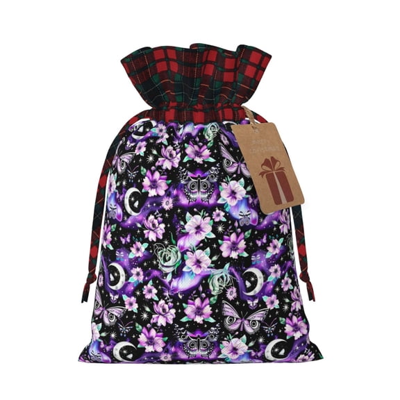 Kdxio Pink purple rainbow flower butterfly Christmas Drawstring Bags Xmas Buffalo Plaid Candy Bags Linen Treat Bags Christmas Gift Bags for Presents-Black
