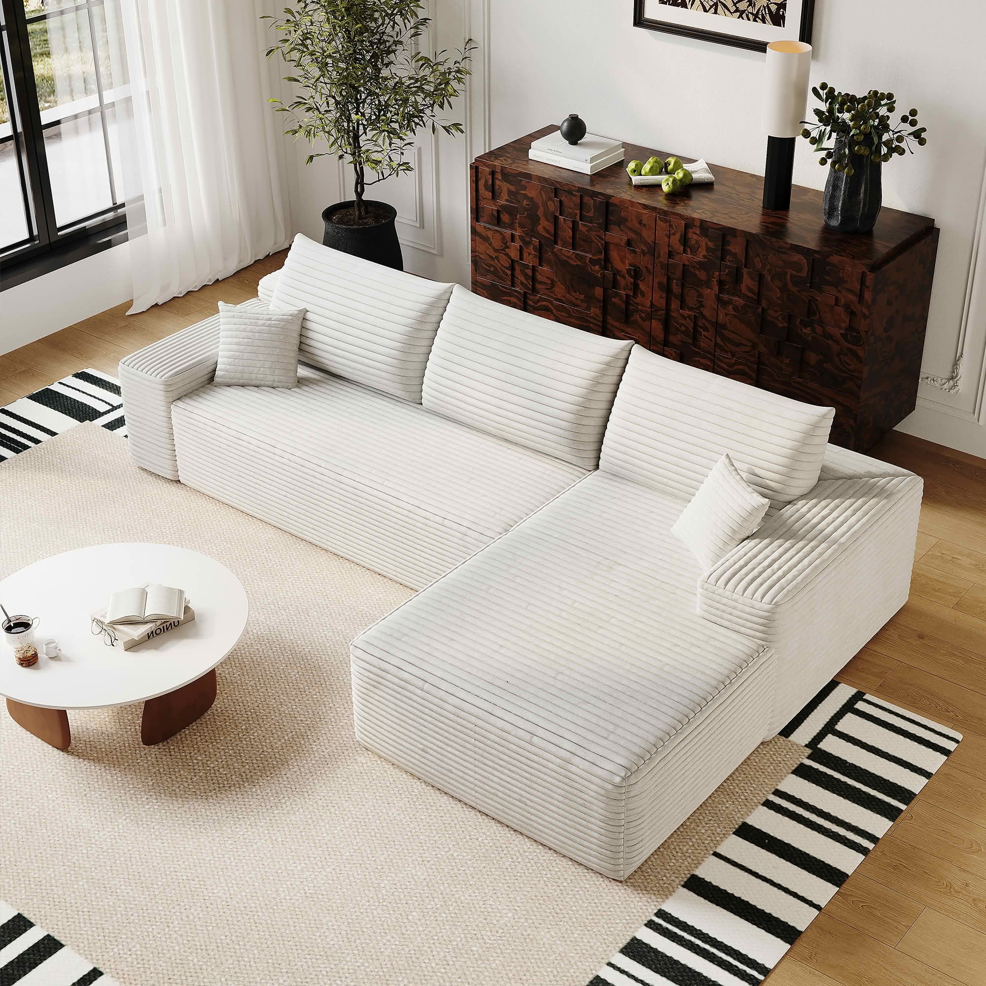MAYEERTY 107" Cloud L-Shaped Modular Sectional Sofa with Chaise, Plush Corduroy Deep Seat 3-Seater Couch, Sofa for Living Room Bedroom, No Assembly Required, White