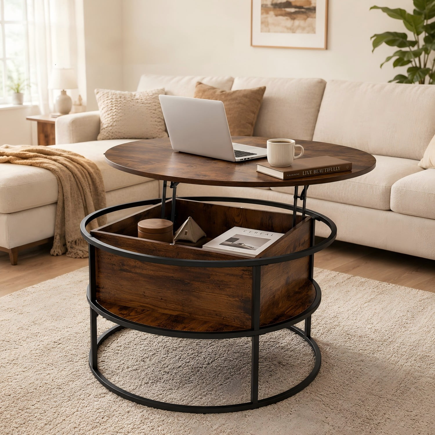 Easy4Home Lift-Top Coffee Table Round Center Table with Hidden Compartment Storage Shelf for Living Room, Rustic Brown