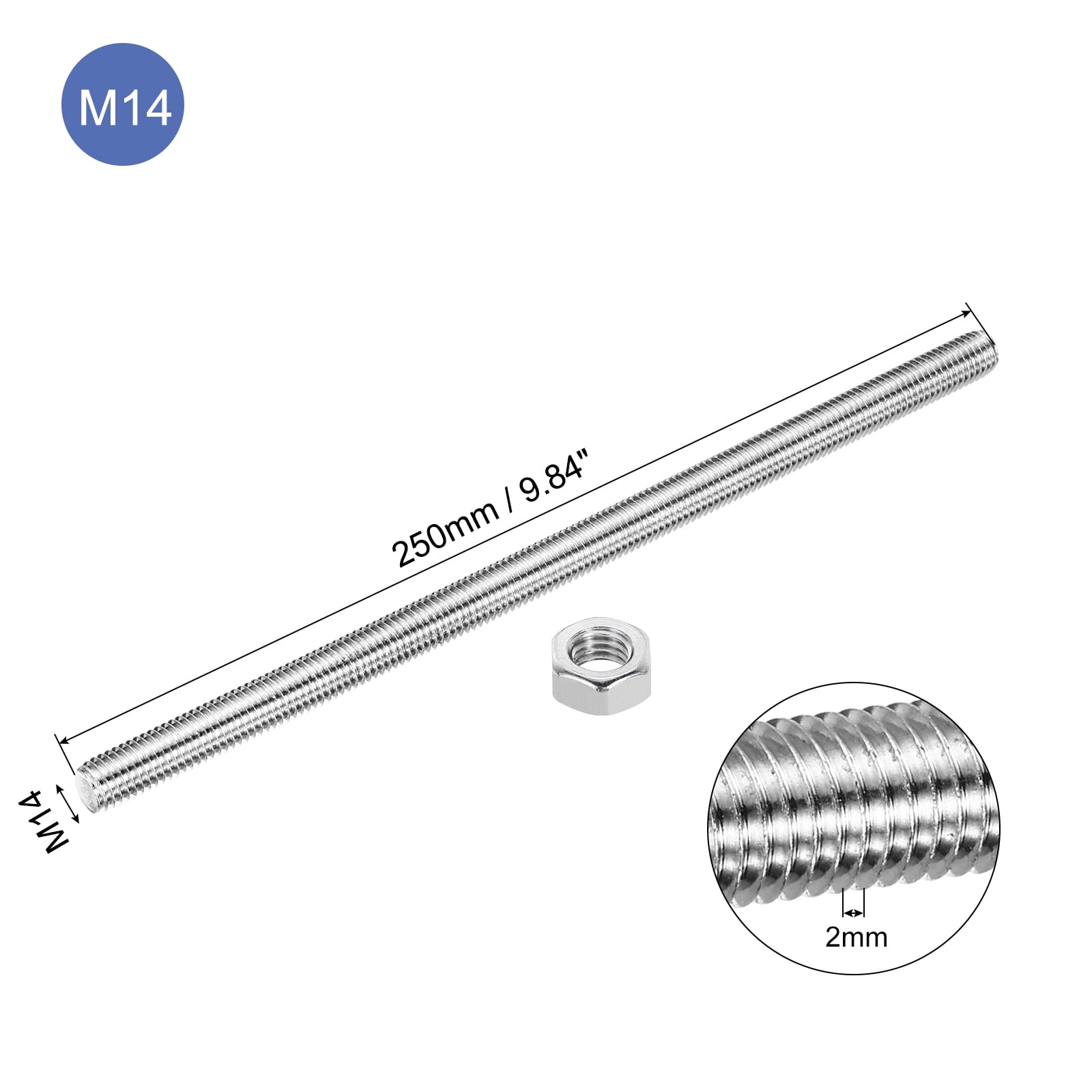 2Pack M14 x 250mm Fully Threaded Rod with 4 Pack Hex Nuts, 1.25mm Thread Pitch 304 Stainless Steel