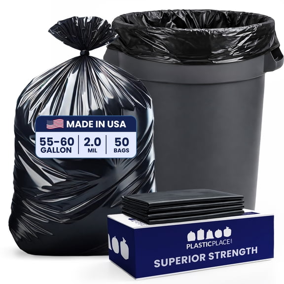 Plasticplace 55-60 Gallon Trash Bags │ 2.0 Mil │ Black Heavy Duty Garbage Can Liners │ 38” x 58” (50 Count)