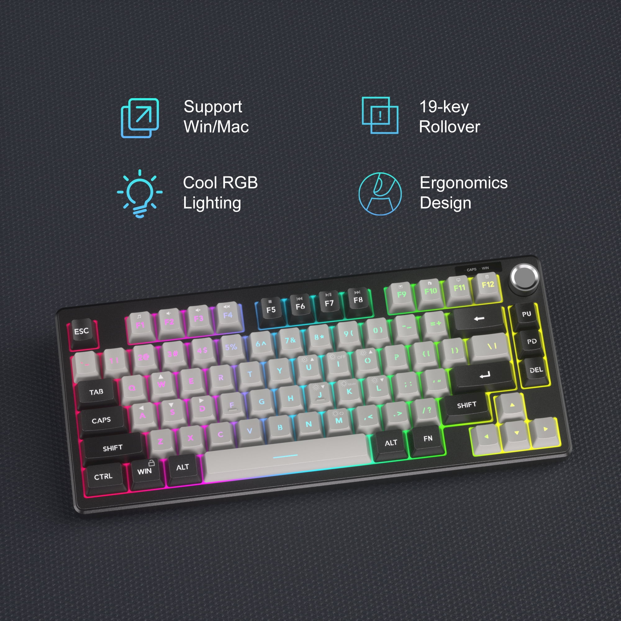 MageGee TS75 79-Key RGB Gaming Keyboard - Volume Knob, 19-Key Anti-Ghosting, Ergonomic Compact Wired Design, Win/Mac Compatible for Gamers/Office/Study