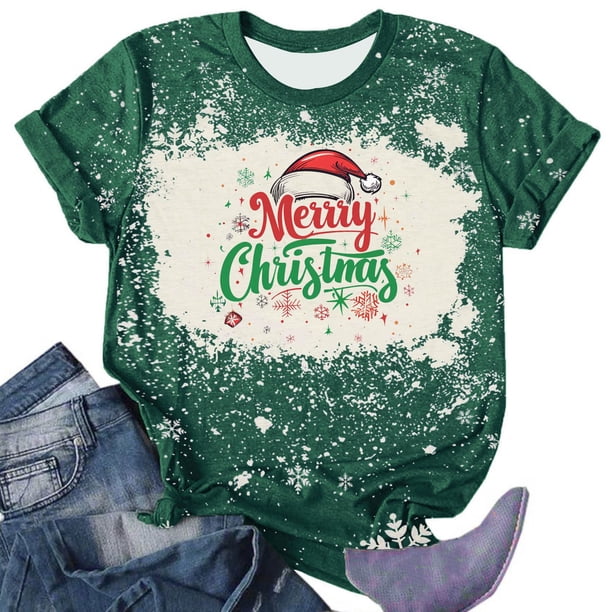 Fiudx Ofertas de La Semana Camiseta de Manga Corta con Cuello Redondo y Estampado Navideño a La Moda para Mujer