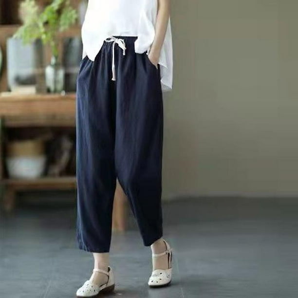 Lucyever 2022 Spring Summer Cotton Linen Pants Women Solid Color Casual  Ankle-length Pant Woman Lace-up Waist Loose Trousers Azang lan seXXXL 