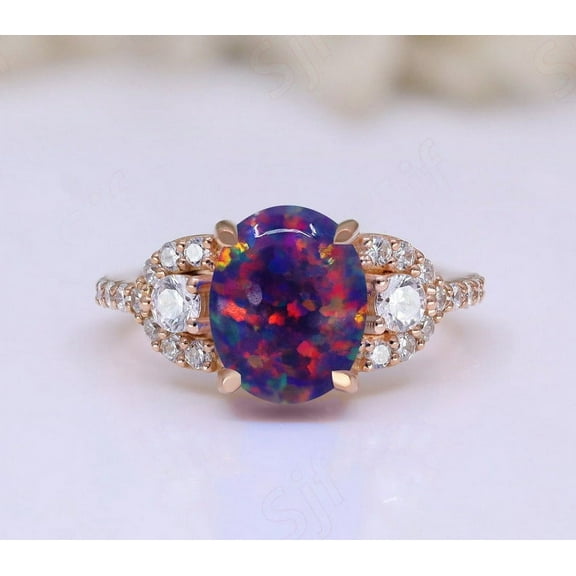 Oval Black Opal Gemstone Engagement Ring Vintage Art deco Bridal Moissanite Ring 14K Rose Gold 925 Silver Ring Promise Ring For Love