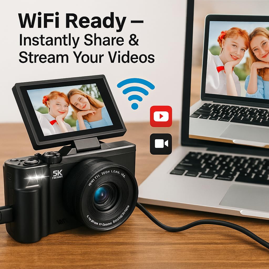 Acuvar 5K 75MP HD Digital Camera for Photography Vlogging Camera for YouTube 180° Flip Screen 18X Zoom Video Camera with WiFi 64GB SD Card Tripod Case Card Reader Macro Wide Angle Lens UV Filter Pink