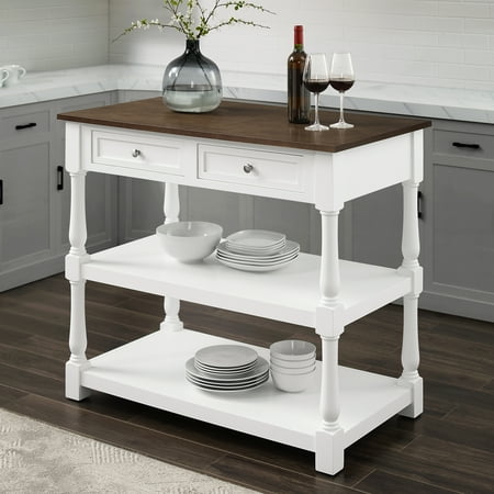 Caitlyn Wood Top Kitchen Island White/Dark Brown - Crosley: Storage, Turned Legs, Fixed Shelves
