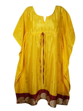 Mogul Women Yellow Mid Calf Kaftan Dress Beach Coverup Printed Resortwear Loose Holiday Recycle Sari Caftan Dresses 3X