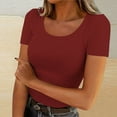thumbnail image 2 of Lovskoo 2024 Women's Short Sleeve Scoop Neck Ribbed Knit Casual Tops Tee Summer Slim Basic Shirts Burgundy 2XL, 2 of 4