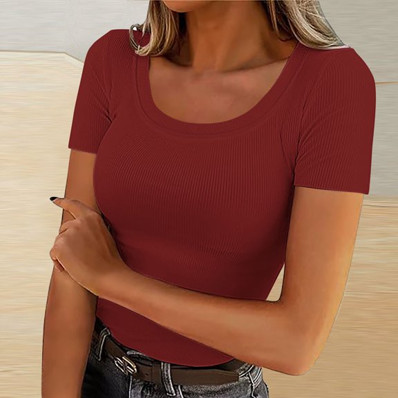 YHAJDS Basic Tees for Women Short Sleeve Round Neck Solid Color T Shirt Plain Tshirts for Women Casual