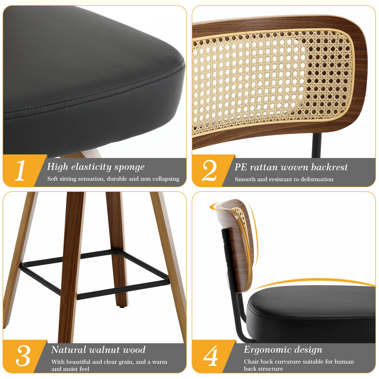 Foreate Swivel PU Bar Stools, Set of 1, 29" Bar Height Upholstered Leather with Rattan Back Wood Legs, Modern Chair Island Counter Stool for Kitchen, Black
