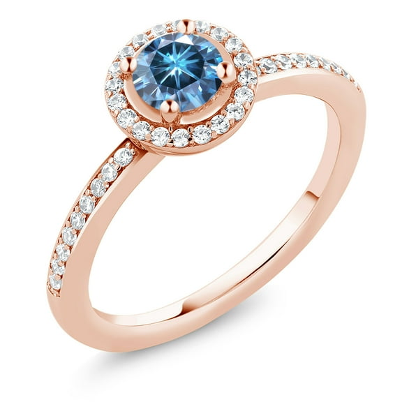 Gem Stone King 18K Rose Gold Plated Silver Persian Blue Moissanite Engagement Ring for Women (0.69 Cttw, Gemstone Birthstone, Round 5MM, Size 6)