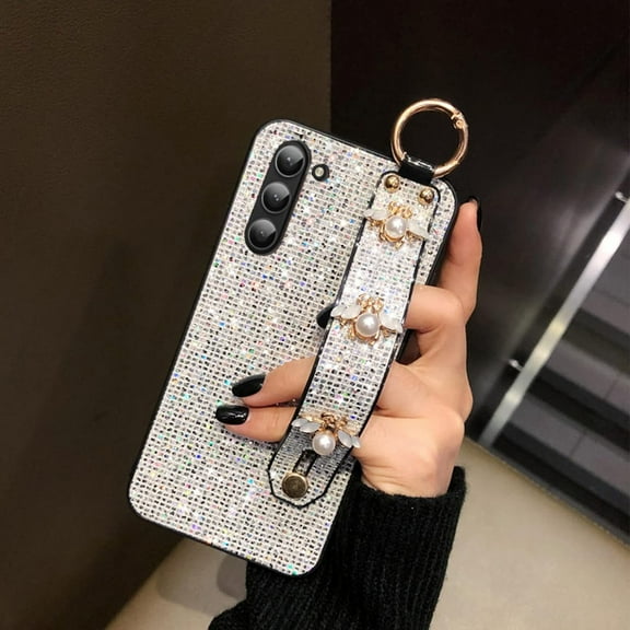 Samsung Galaxy S23 Plus Bling Stand Holder Case Luxury Hand Strap Glitter Sparkle Diamond Bee Wrist Bracket for Woman Girls Protective Cover Case, 6.6 Inch, Silver