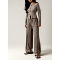 thumbnail image 6 of Women's Striped Button Front Long Sleeve Wide Leg Pants Two Piece Set Brown M, 6 of 9