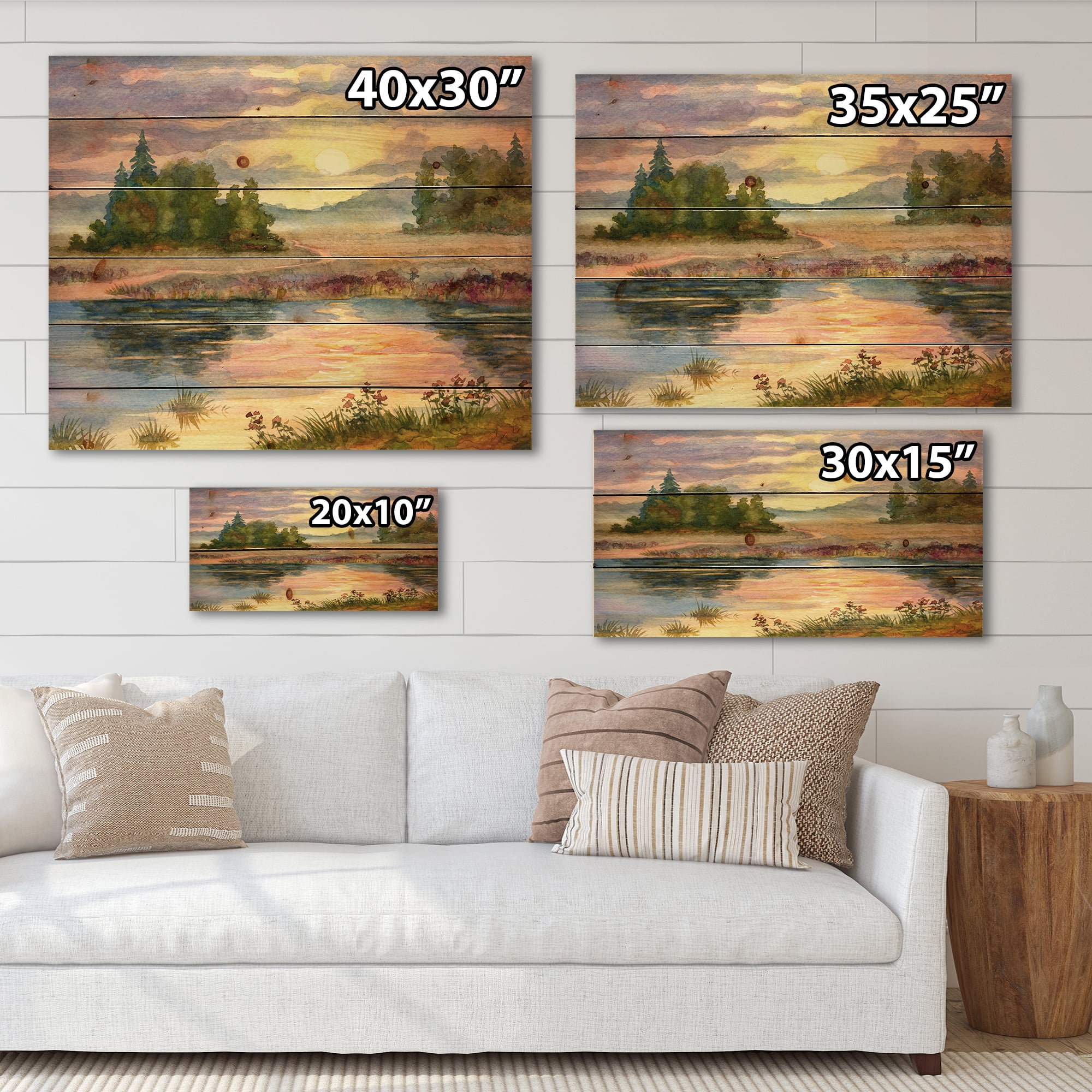 Designart 'The Rural Lake In Sunset Evening I' Traditional Print on Natural Pine Wood