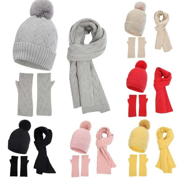 ATENAR 3PC Hat Scarf Glove Set for Women,Winter Sets for Women,Fleece,Warm,Knit,Gray,Free Size