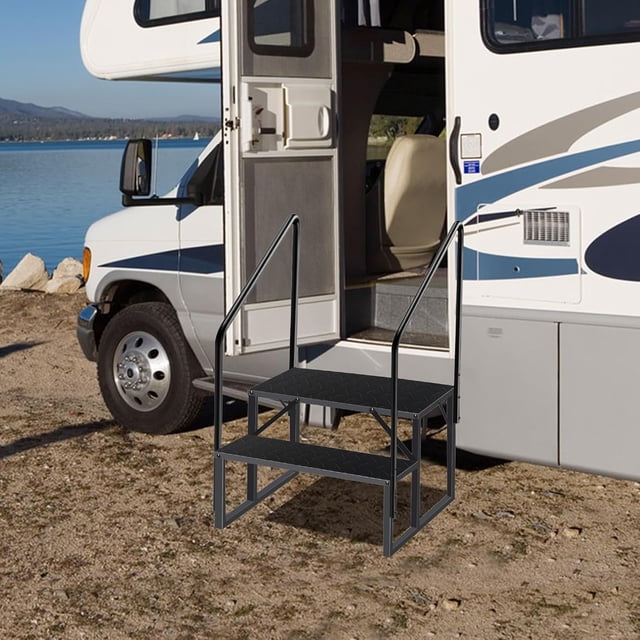 GloryStar RV Steps, RV Stairs with Handrail & Anti-Slip Panel, 660lb Capacity Hot Tub Steps, Portable Trailer Ladder for Mobile Home, Outdoor, Camping, Travel, Porch, SPA, Pool