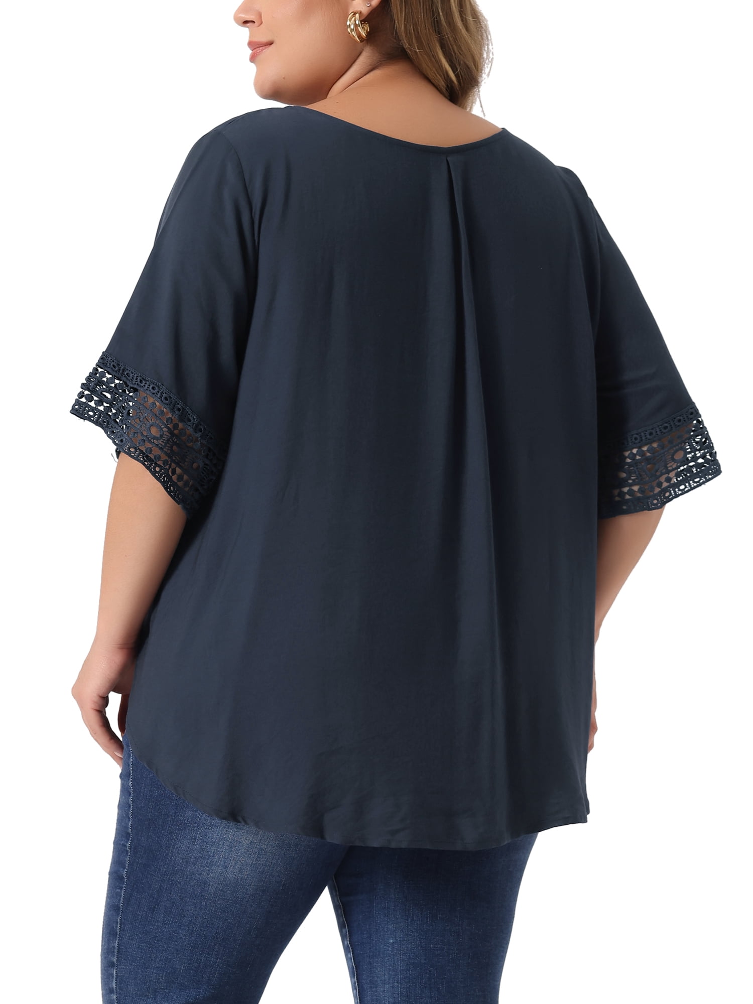Women's Plus Summer Tops Lace Crochet Short Sleeve Casual Blouses 4X Navy Blue