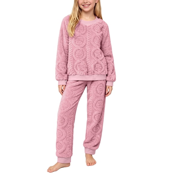 Cethrio Girls Fleece Pajama Sets, 2 Piece Casual Long Sleeve Winter Girls' Sleepwear Pink Size 14