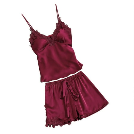 

iOPQO pajamas for women Womens Satin Sling Sleepwear Lingerie Lace Bowknot Nightdress Underwear Set Wine XL