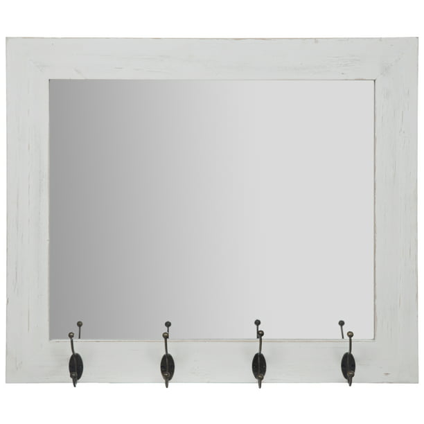 Rustic White Entryway Wall Mount Mirror With Hooks 17 X21 By Gallery Solutions Walmart Com Walmart Com