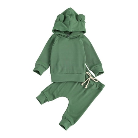 

Canrulo Newborn Baby Girls Boys Clothes 3D Ear Hooded Pullover Long Sleeve Solid Tops Pants 2pcs Sets Black Green 18-24 Months