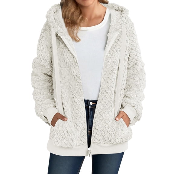 Women's Winter Fleece Jacket Zip Up Hooded Sherpa Fuzzy Coat Solid with Pockets Warm Fluffy Outerwear