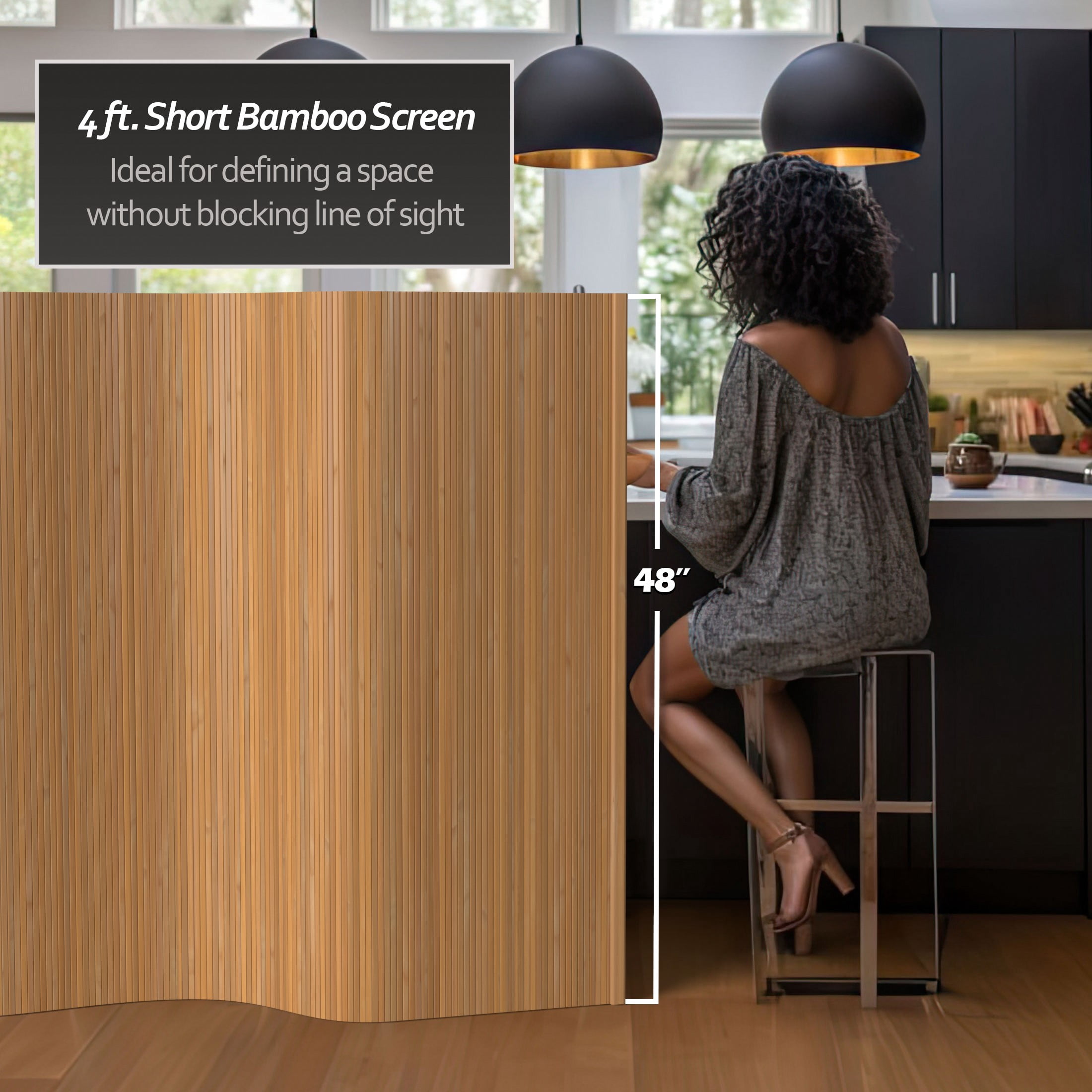4 ft. Natural Bamboo Wave Room Divider Screen with Roll Up Design