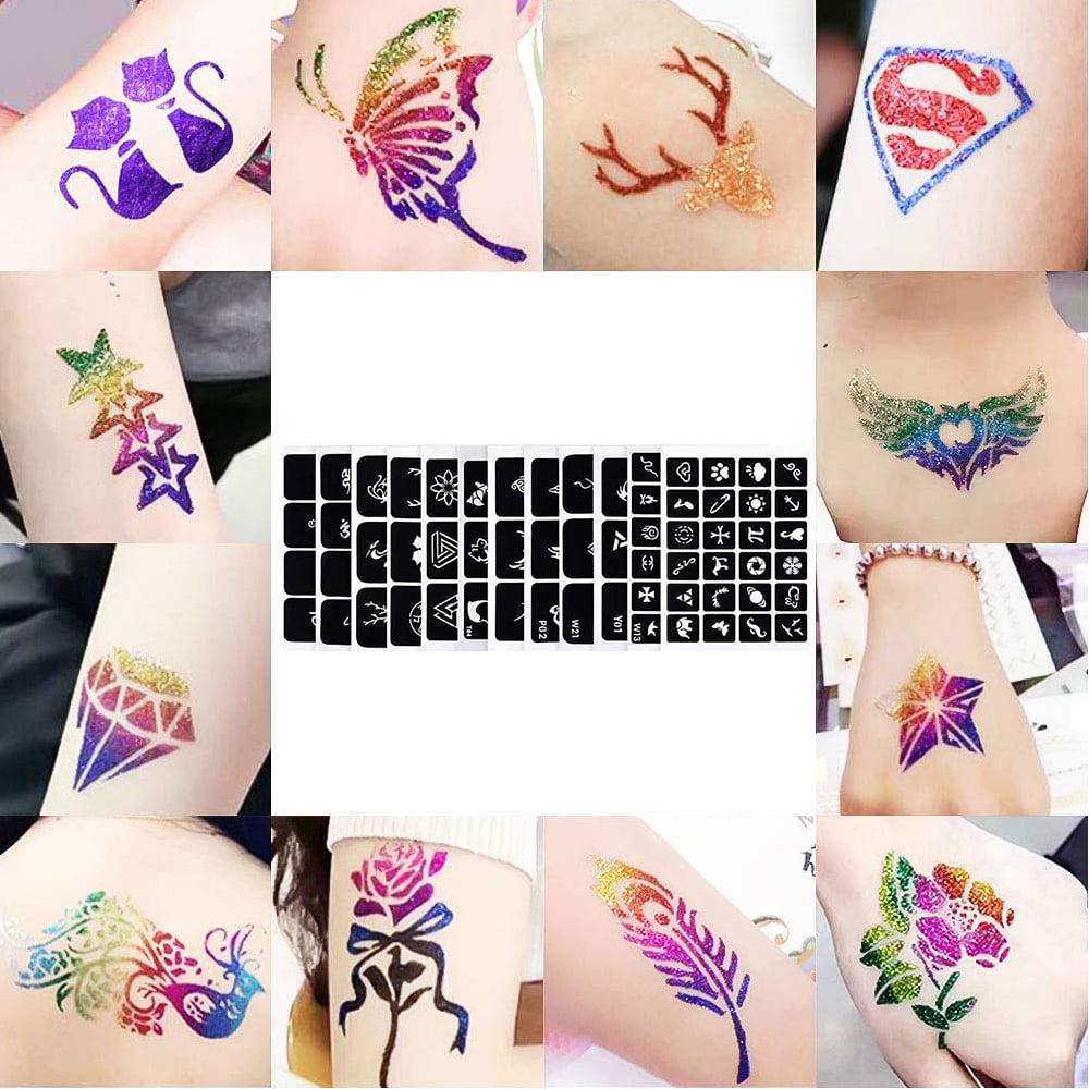 Glitter Temporary Tattoo Kit for Kids, 24 Large Glitter Colors and 6  Fluorescent Colors, 108 Stencils, Glow in The Dark Body Nail Art, Festival  Party