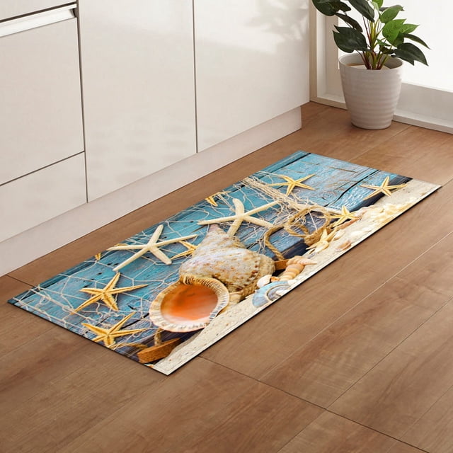 Alfombra de cocina rústica con diseño de estrellas de mar y conchas marinas, antideslizante, lavable, con tablones de madera turquesa, ideal para el suelo, alfombra de cocina tropical playera,
