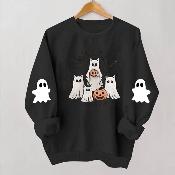 Meichang Halloween Crew Neck Sweatshirt Women Ghost Graphic Sweatshirts Oversized Long Sleeve Pullover Holiday Party Sweatshirt