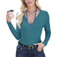 thumbnail image 2 of Womens Fall Clothes Long Sleeve Shirts Halter U Neck Ribbed Knit Slim Fitted Basic Casual Tops Green S, 2 of 9