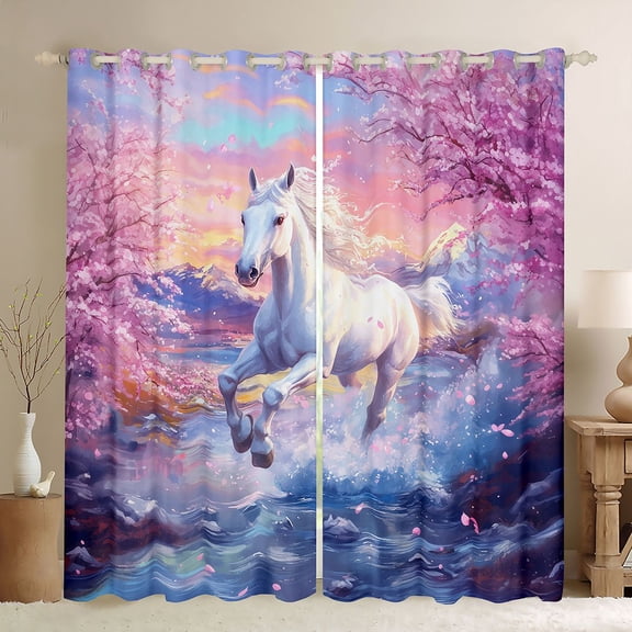 Erosebridal Chic Horse Black Out Curtains for Girls, Pink Cherry Blossoms Curtains Pack of 2 (42x63 Each)