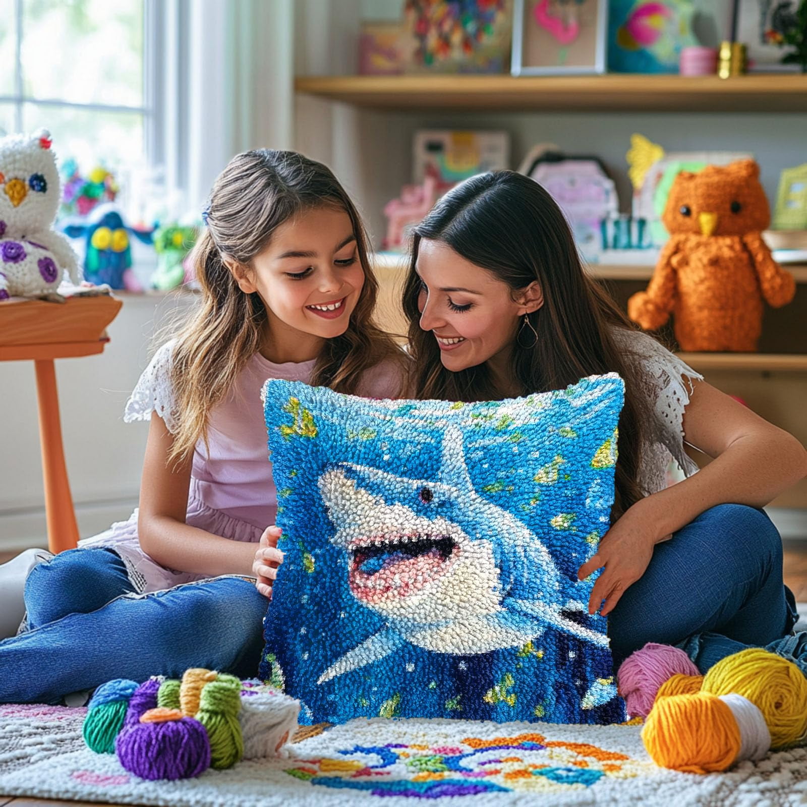 Cartoon Shark in Sea DIY Latch Hook Pillow Kits for Adults Printed Pillowcase Crochet Yarns Hooking Handmade Pillow Cover Cushion for Home Sofa Decoration 17x17inch(2)