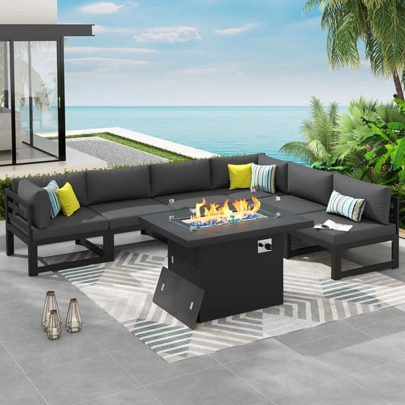 RADIATA Patio Aluminum Furniture Set with Fire Pit Table and Oversized 29" Seats, 7 Pieces Outdoor Sectional Conversation Sofa Set for Backyard, Poolside, 500 lb/Seat, Gray & Dark Gray