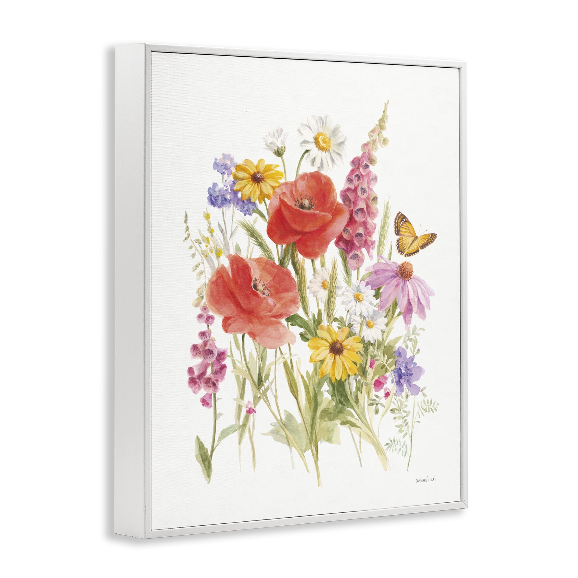 Stupell Industries Bright Flowers & Butterfly Botanical & Floral Painting White Framed Art Print Wall Art, 11 x 14