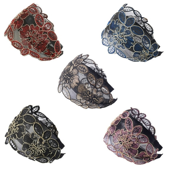DESIGNICE 5Pcs Headbands for Women Wide Lace for a Slimmer Look Ethnic Embroidery Design Hair Bands for Women's Hair Non-Slip Headband 11cm,Multicolor