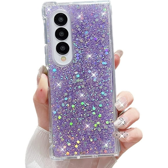 for Samsung Galaxy Z Fold Glitter Cute Case, Women Girly Soft TPU Bumper Shining Sparkle Bling Hard PC Back Shockproof Protective Phone Cover for Samsung Galaxy Z Fold (Purple)