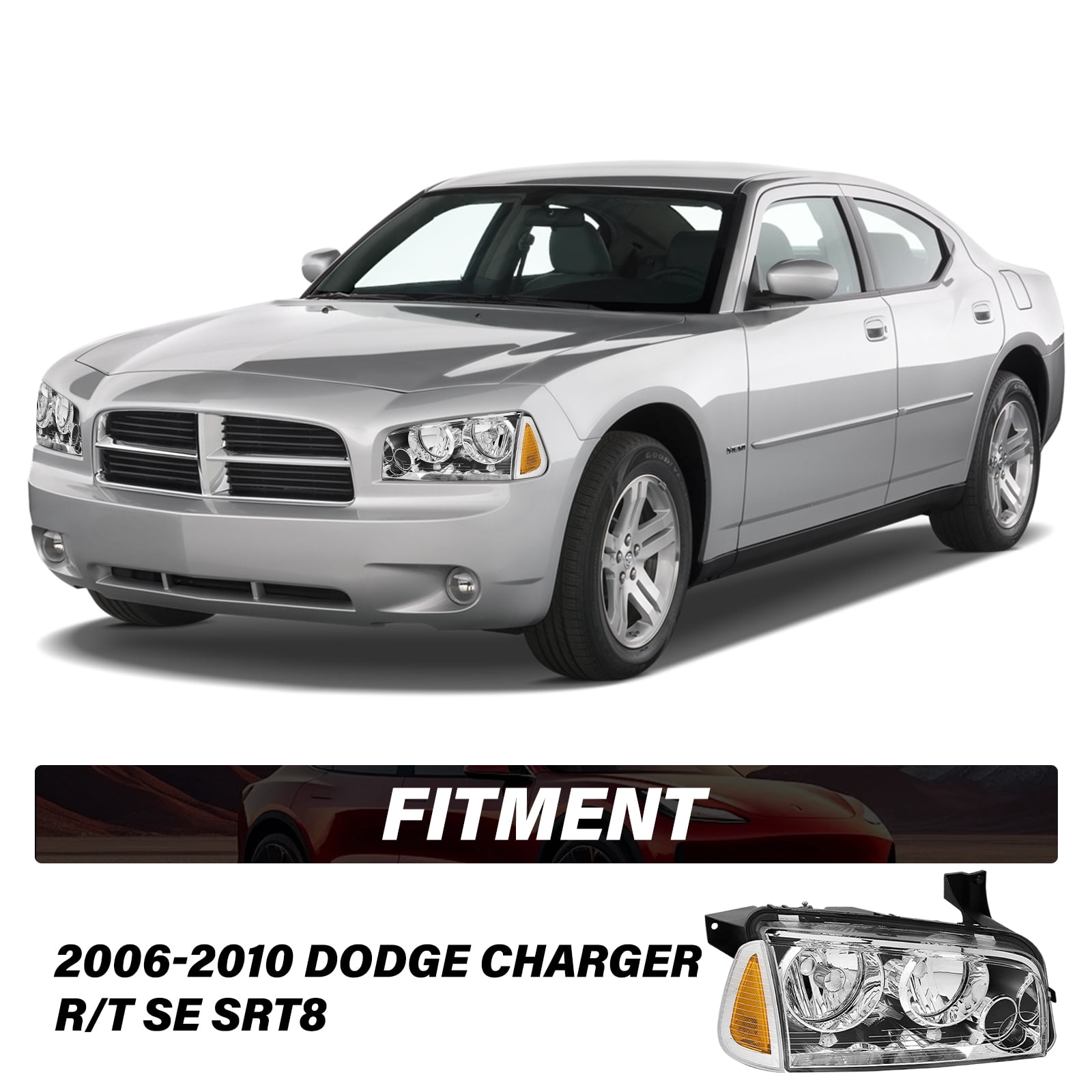 For 2006-2010 Dodge Charger Chrome Headlights Amber Corner Headlamps Set of 2PC