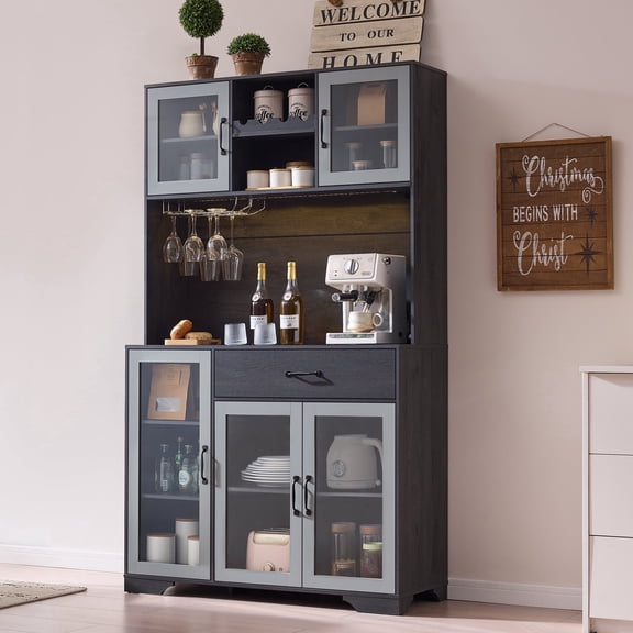 71" Kitchen Hutch Storage Cabinet with Wine Rack & Charging Station, Farmhouse Pantry Cabinet, Coffee Bar Cabinet & Liquor Cabinet with Storage, LED Lights for Kitchen, Dining Room, Home Bar(Grey)