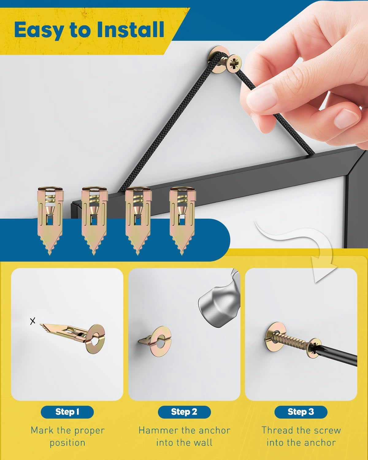 Self Drilling Drywall Anchors, Heavy Duty Wall Anchors for Drywall, Metal Dry Wall Anchors and Screws Kit, Carbon Steel Sheetrock Anchors with #6 x 1 3/8" Screws, Picture Hanging Kit, 50 Pcs