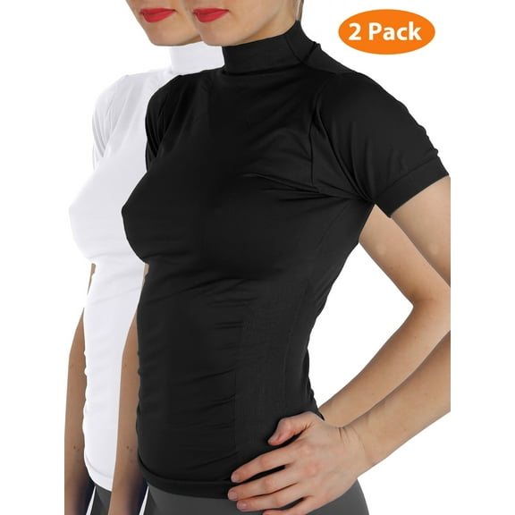 2 Pack Women Short Sleeves Mock Neck Turtleneck Shirts Stretchy Side Ribbed Slim Fit Tight Top