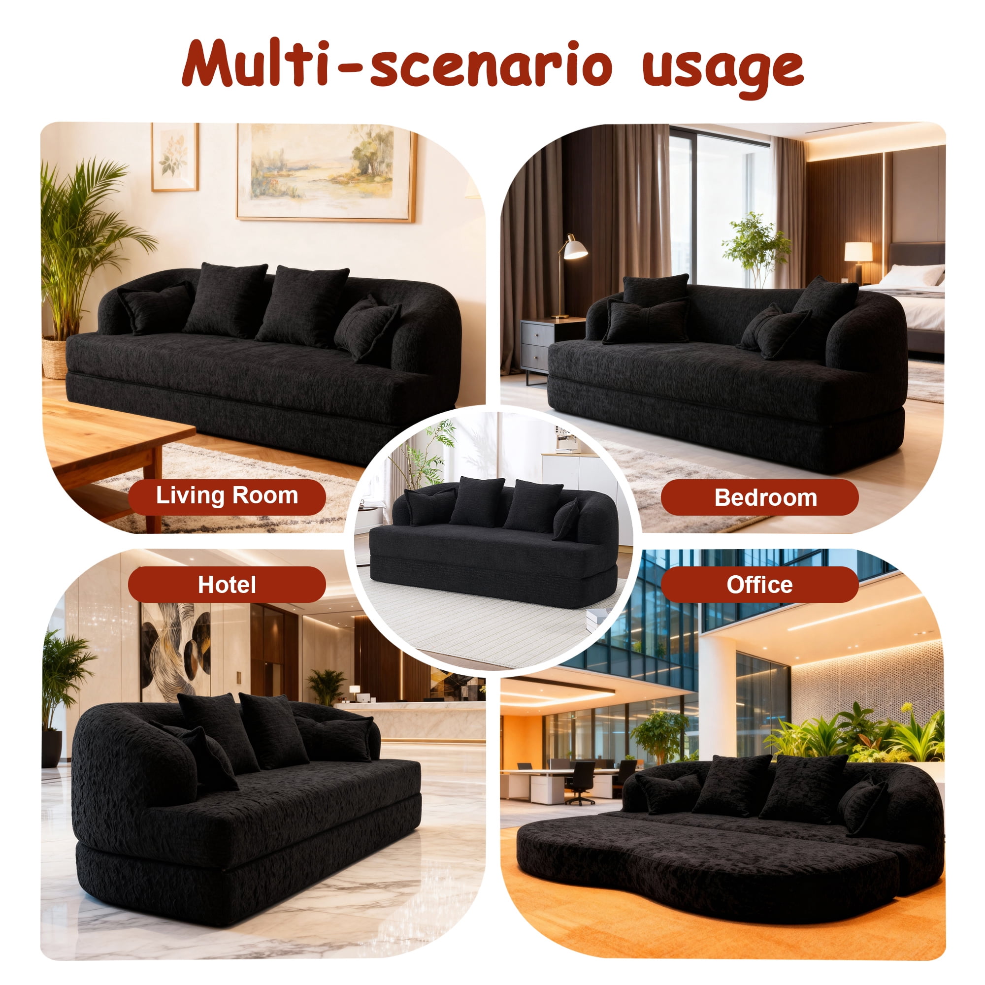 Leumius Futon Sofa Bed,Convertible Sofa Bed,Folding Boneless Couch for living Room,Fold Out Small Foldable Loveseat Floor Sleeper Mattress Lounge Space‑Saving,Black