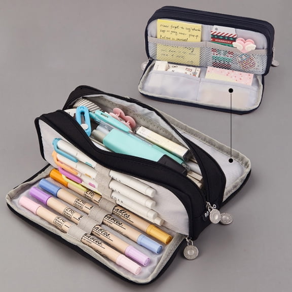 Large Capacity Pencil Case 3 Compartment Pouch Pen Bag for Home Office Men Women (Black)