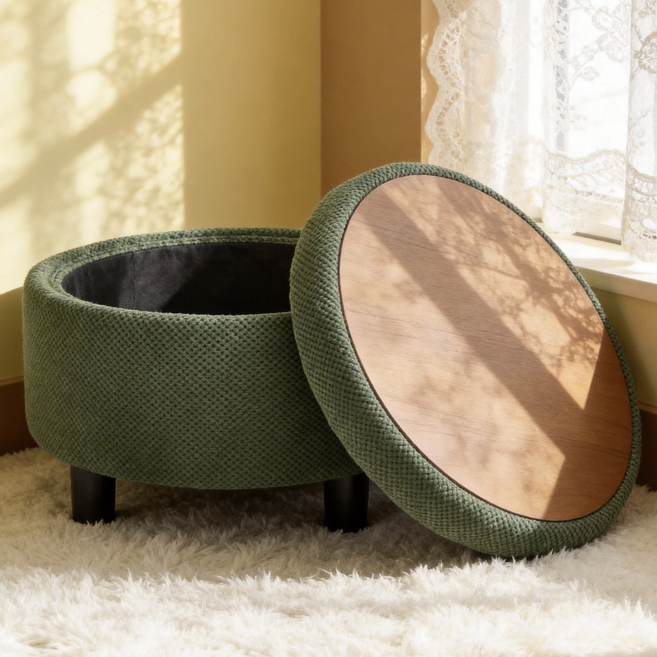 Noble House 25" Round Storage Ottoman with Removable Tray Top, Upholstered Coffee Table, Dark Green