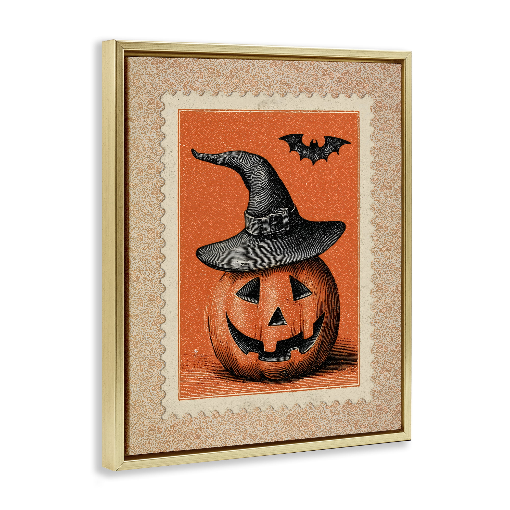 Vintage Jack-o-Lantern Stamp Gold Framed Floater Canvas Wall Art, design by Arlington Prints