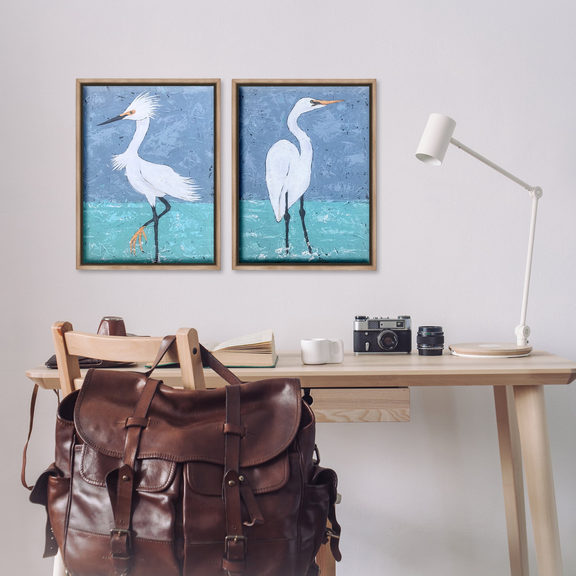 Stupell Industries Snowy Egret Pond Animals Painting Brown Floater Framed Canvas Art Print Wall Art, 17 x 25, Set of 2