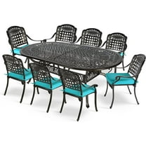 MEETWARM 9-Piece Outdoor Furniture Dining Set, All Weather Cast Aluminum Patio Garden Set with 8 Chairs, 8 Cushions, 1 Oval Table, 2.2" Umbrella Hole, Dark Bronze, Ocean Blue