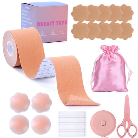 jQMUHLC 3 inch Boob Tape Breast Lift Tape Kit for Large Breasts with 4 Silicone Nipple Covers,10 Nipple Cover,36 Double Sided Strips