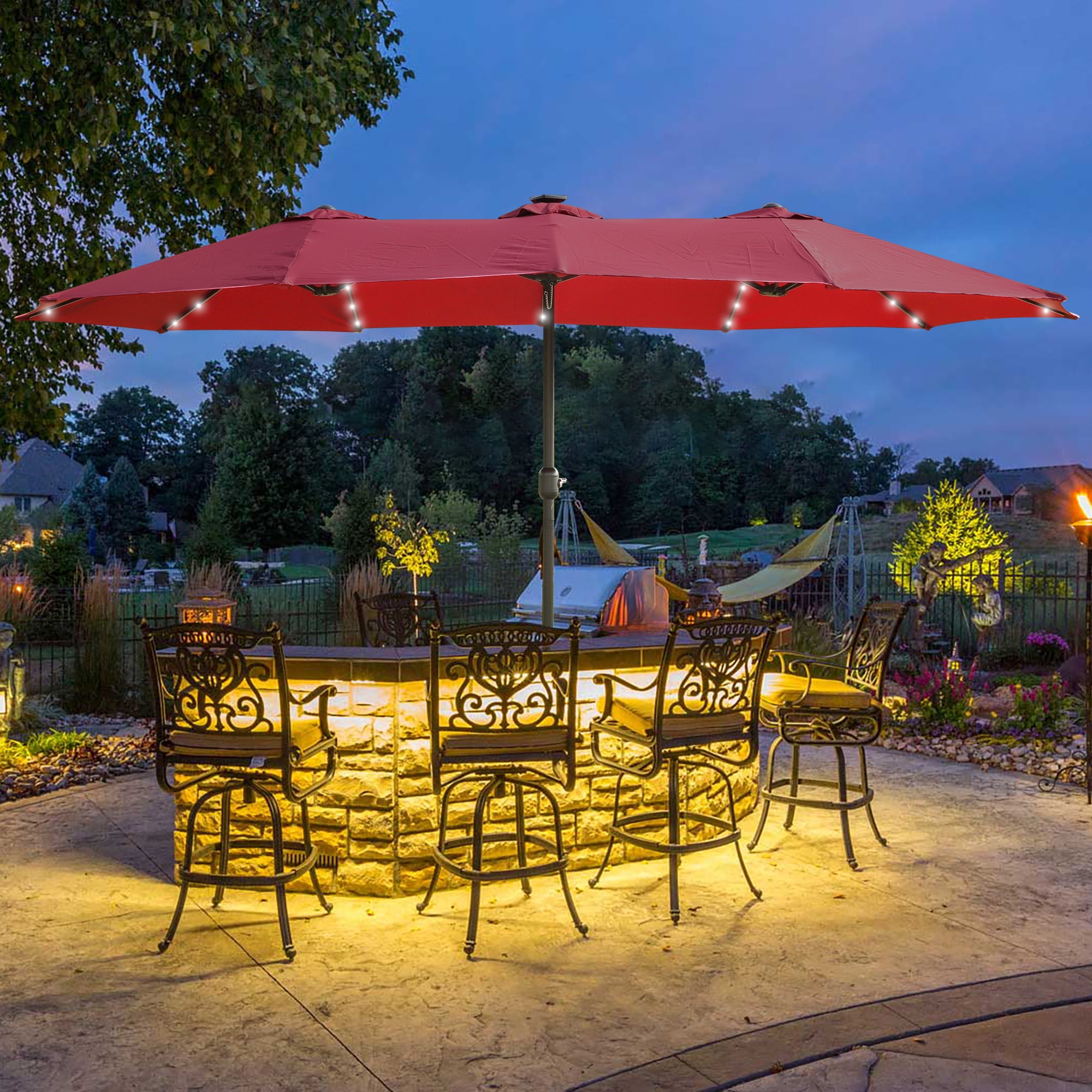 Patio Umbrella, 15x9 FT Double Sided Rectangular LED Umbrella for Garden Poolside Backyard, Red